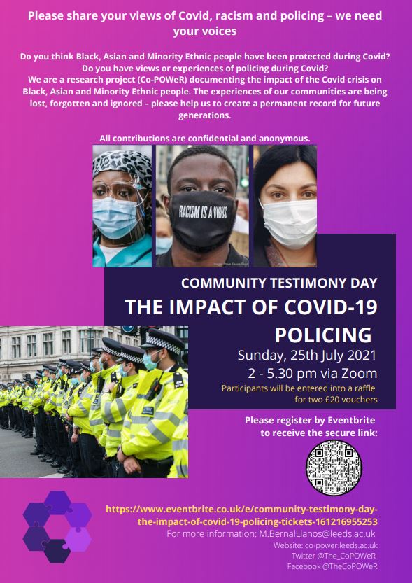 Poster advert for online event with purple background and images of BAME people and police officers wearing masks