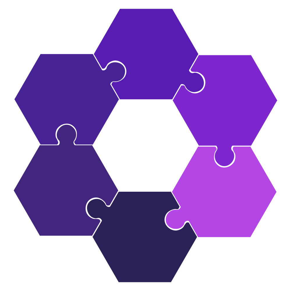 The Co-POWeR logo - a hexagonal shape made up of six petal-shaped, jigsaw-style, interlocking pieces. The petals are all different shades of purple from light to dark. The centrew of the logo is a white hexagon / space amid the petals.