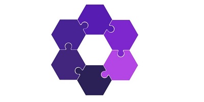 The Co-POWeR logo which is a hexagonal shape of six, interconnecting, jigsaw pieces in different shades of purple
